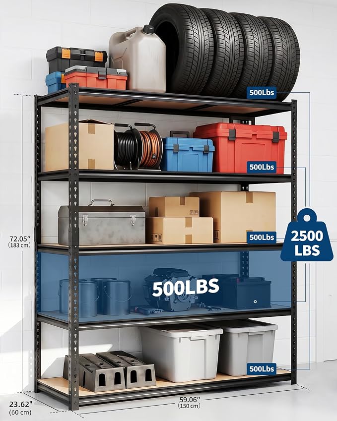 Garvee 5-Tier Storage Shelving Unit, 60" W x 18" D x 72" H, 2500 lbs Load | Carbon Steel Utility Shelves, Adjustable Metal Freestanding Garage Shelf for Pantry, Basement, Warehouse, Heavy Duty
