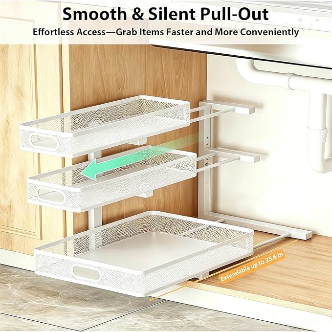 2 Pack Under Sink Organizer, 3-Tier Pull Out Kitchen Cabinet Organizer with 5 Adjustable Heights Metal Slide Out Bathroom Storage Makeup Drawer Rack for Bedroom Office Pantry Home Organization, White