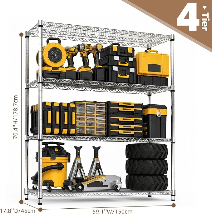 M MZG 4-Shelf Heavy Duty Garage Shelving Wire Adjustable Storage Rack for Kitchen Laundry Bathroom Pantry 2640 lbs Capacity Silver 17.7 x 59.1 x 70.4 Inch