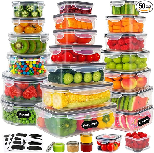 50PCS Thick Food Storage Containers with Airtight Lids for Meal Prep | BPA-Free Plastic Food Container Set for Leftovers, Snacks, Lunch, Fruit, Freezer Storage & Kitchen Organization, Leakproof