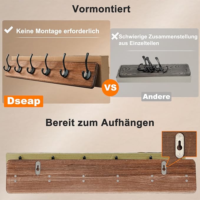 Wall Mounted Coat Rack: 24" Long, Patented, Heavy-Duty, 6-Double-Hooks Wooden Hanger Rail for Winter Coats, Hat, Jacket, Clothing - White & Black, Pack of 2