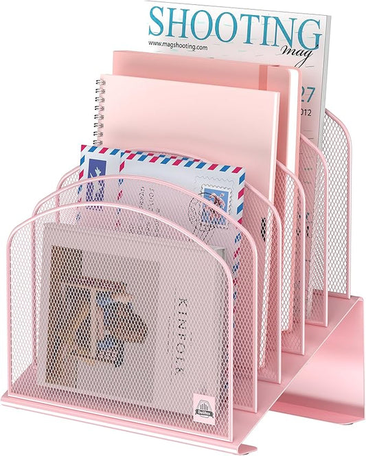 Delifox Inclined Desk File Organizer,Vertical File Folder Holder Stand Metal Rack File Sorter for Office Classroom Desktop Organization (1, Pink, 5)