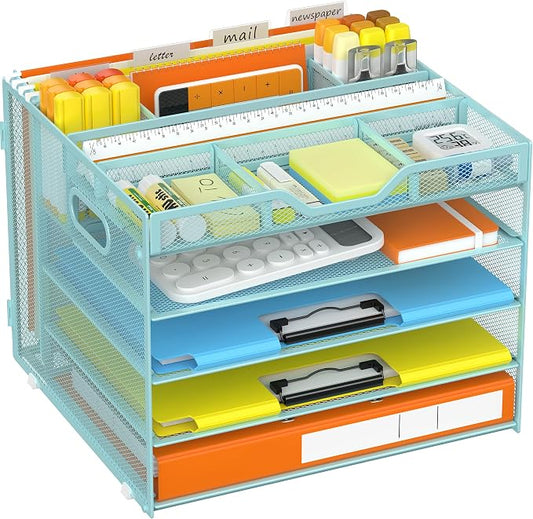 Docnest 5 Tier Desk Organizer with Hanging File Folder Holder&Tray, Blue | Features 3 detachable pen holders and 4 removable dividers.Versatile mesh desktop storage for mail, document,office supplie