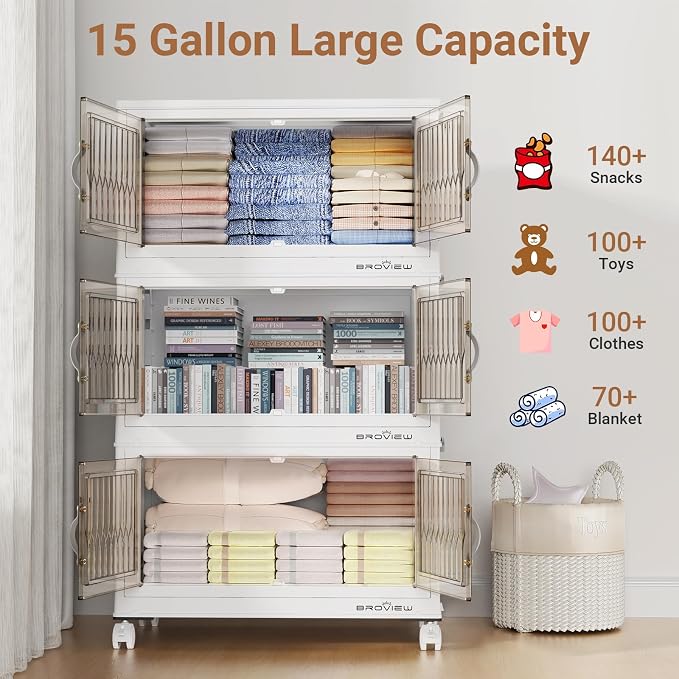 BROVIEW 240 Qt Stackable Storage Bins with Lid, Plastic Closet Organizers and Storage Drawer, Collapsible Storage Box with Wheels, Folding Storage Cabinet for Closet Clothes Organization, 4Pack White