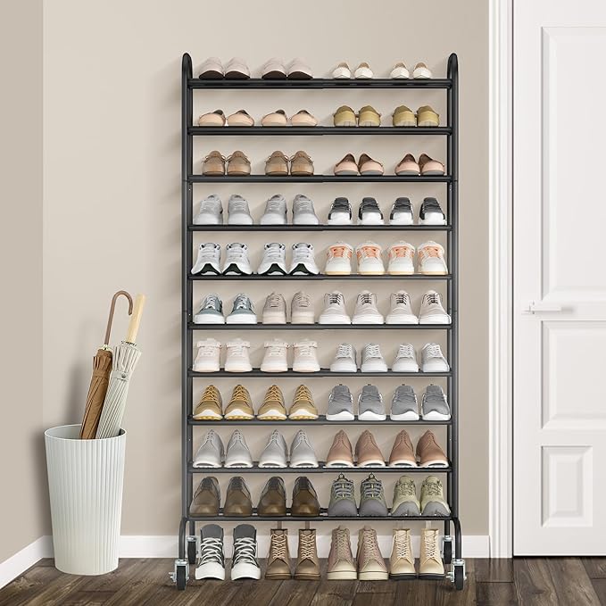 STORAGE MANIAC 10-Tier Expandable Shoe Rack, 44 Pairs Tall Vertical Shoe Rack, Heavy-Duty Metal Adjustable Shoes Organizer for Closet, Entryway, Hallway, Garage, Front Door, Shoes Shelves, Black