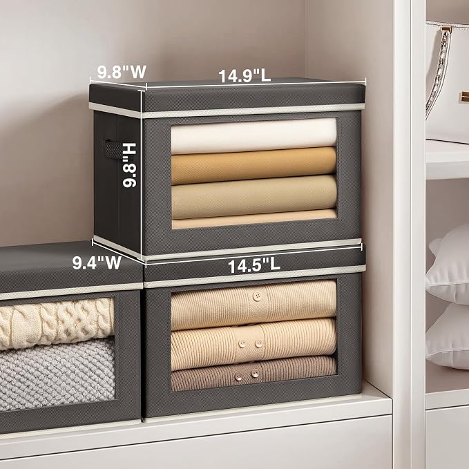 Homsorout Stackable Storage Bins with Lids - Medium Storage Box with Lids, Foldable Closet Boxes for Organizing, Wardrobe Clothes Organizer with Window, Cubes Bins for Living Room, 4 Pack, Dark Grey