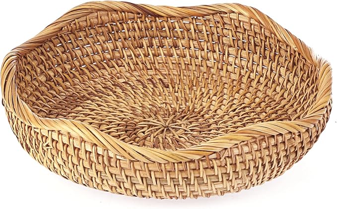 Hipiwe Natural Rattan Tray 8.5" Wicker Storage Bowls Hand Woven Basket Tray for Bread Fruit Key Round Fruit Baskets for Kitchen Entryway Tabletop Decorative Baskets Bowl