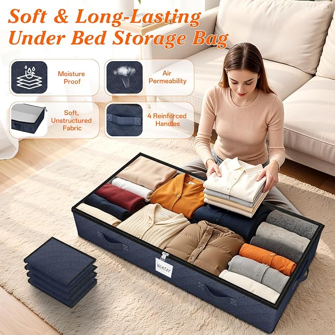 90L Under Bed Storage Containers, Storage Bags, Organizers, 2-Pack, Blue | Foldable, Soft Fabric, Closet Organizers, Reinforced Handle, Label Holder, Clear Window, for Comforters, Clothing, Blankets
