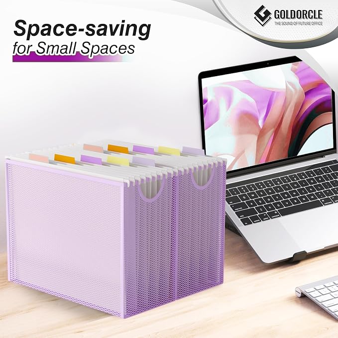 Letter-Size Hanging File Organizer (Purple, with 5 Grey Folders) | File Holder Filing Box for Desk, Metal Mesh Desk File Folder Storage for Office(No Assembly Required)