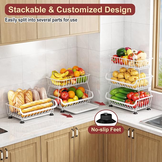 3-Tier Rolling Pantry Cart with Wheels, Stackable Wire Storage Floor Organizer for Kitchen Pantry Snack Shelves, Fruit Basket Stand, Vegetable Storage Rack for Food Snacks Onion Potato, White