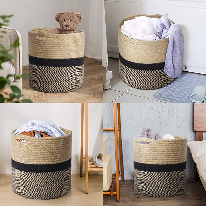 TIMEYARD Large Jute Plant Basket, Planter for Indoor Plants, Black and Jute | 12" x 12" Storage Organizer Basket Rustic Home Decor, Wicker Planter, Woven Pot for Indoor Plants
