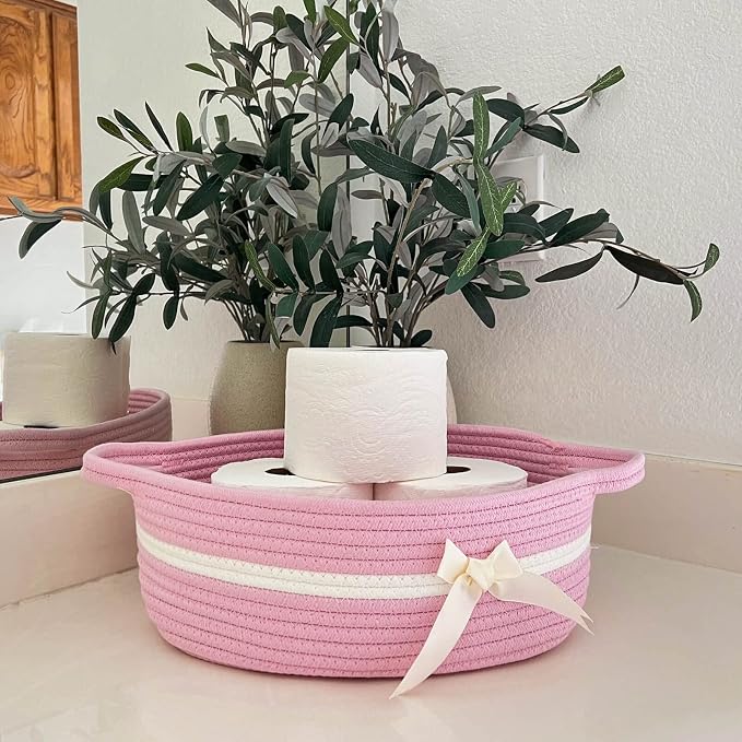 CHICVITA Small Woven Rope Gift Basket for Baby Girls, Pink | 13" x 10" x 5", Rectangle Shelf Basket for Nursery & Bathroom, Toys, Diapers & Towels Organization, Built-In Handles
