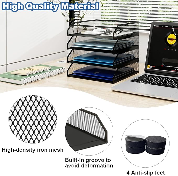 Natwind 4-Tier Stackable Metal Mesh Paper Organizer with Sliding Tray,Black | Desk Organizer for Office Supplies, Letter Tray For Desktop,File Holder For Home School Classroom Organization