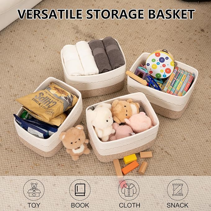 OIASKET 4 Pack Storage Baskets for Organizing, 13"X9"X7.87", Decorative Cotton Rope Baskets for Shelves, Small Woven Basket for Toys, Books and Towels, Brown & White