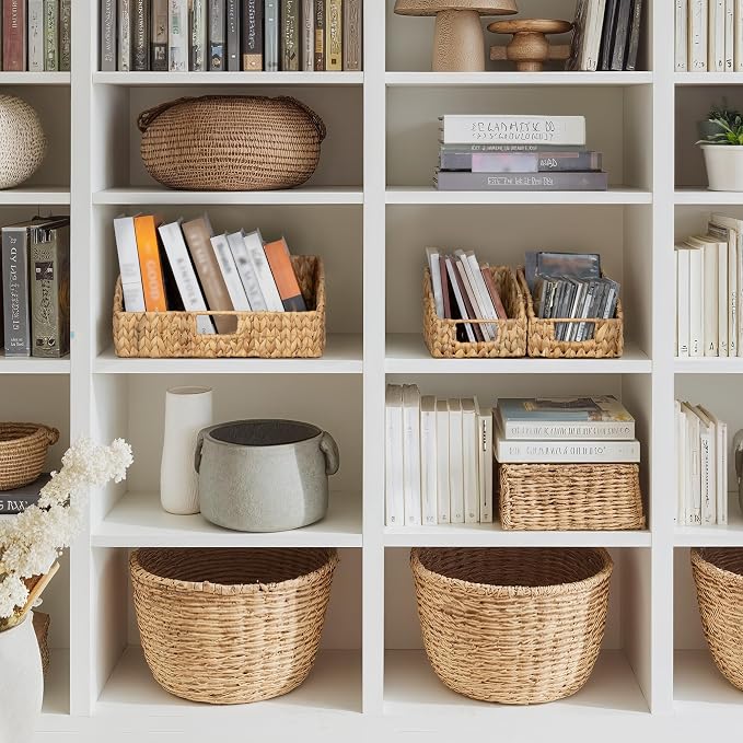 StorageWorks Water Hyacinth Basket Organizer,Pantry Storage Baskets,3-Pack | Wicker Baskets with Handles,Handwoven Shelf Baskets for Organizing,Handwoven Pantry Organizers and Storage,Pantry Baskets