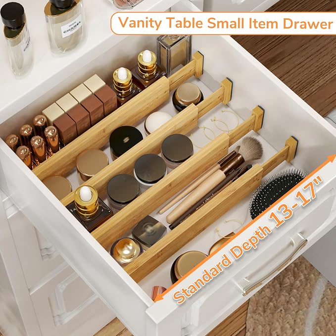 BAMEOS Bamboo Expandable Drawer Dividers – Fits 13.3"–19" Drawers, 2" High, Set of 4 | Spring-Loaded Bamboo Separator for Kitchen Island, Bathroom Vanity & Dresser Drawers