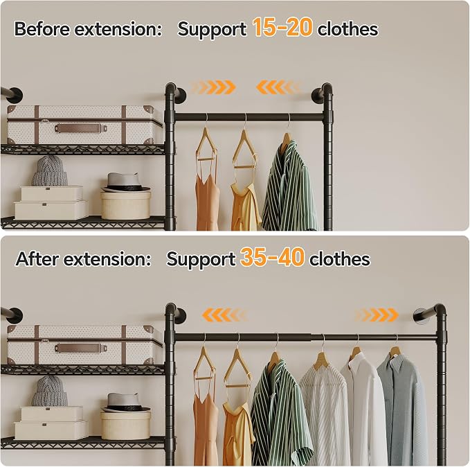 Higeego W3 Wall Mounted Clothes Rack, Industrial Pipe Clothing Rack, Black | Closet Rack Wall Mounted, Expandable Hanger Rods, Adjustable Closet Shelving, Heavy Duty Clothes Rack, Closet Organizer