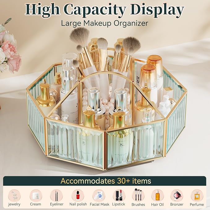 CoralHouse Rotating Glass Makeup Organizer for Vanity with Brush Holder | 5 clear compartments organize lipstick, perfume, palettes and skincare on a vanity, bathroom countertop or beauty station