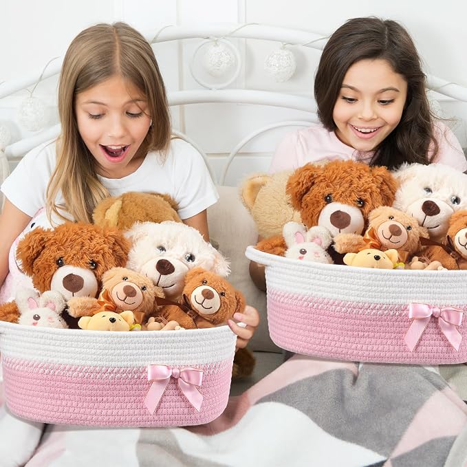 Colingmill 1 Set Woven Empty Basket for Gift,Pink White | with Cellophane Wrap Set, 14 x 10 x 5.5 Inch, Medium Decorative Gift Basket, Cotton Rope Storage Box, Home Decor