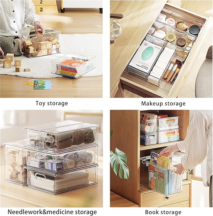 Mano Fridge Drawer Pull Out Stackable Bins with Handle Clear Refrigerator Drawers Organizer Food Storage Container Box with Dividers Plastic Produce Saver for Pantry, Cabinet, Kitchen, Clothes（4Pack）