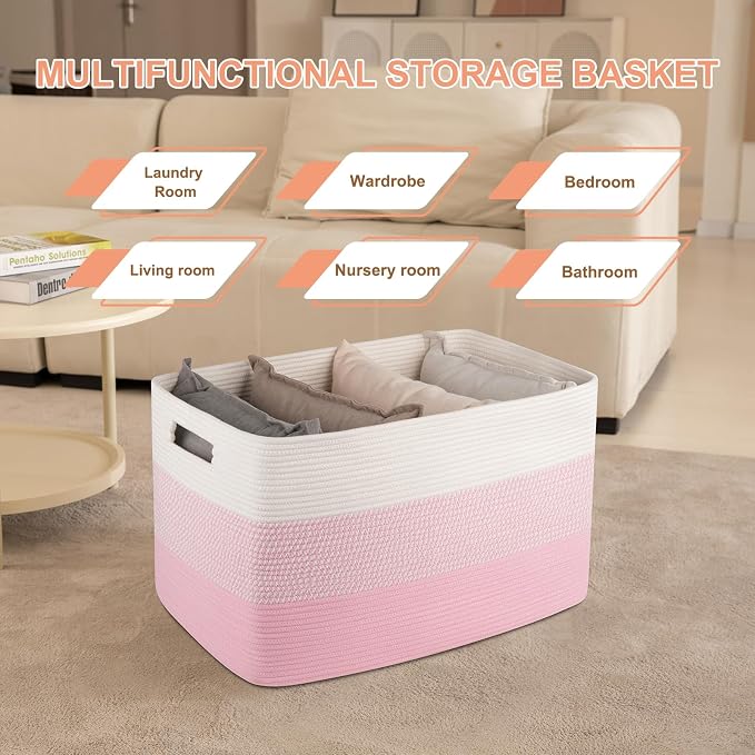 OIAHOMY 108L Super Large Blanket Basket For Living Room, 25”x16”x16” Rectangle Woven Baskets For Storage, Toy Storage with Handle - Pink&White