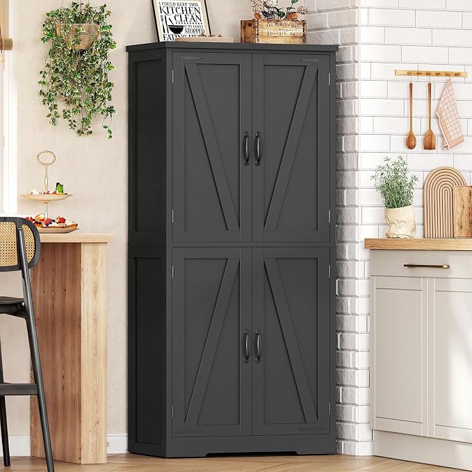 58" H Storage Cabinet with Adjustable Shelf, Kitchen Cabinet with 4 Doors, Farmhouse Pantry Cabinets, Cupboard for Kitchen, Bathroom, Living Room, Black