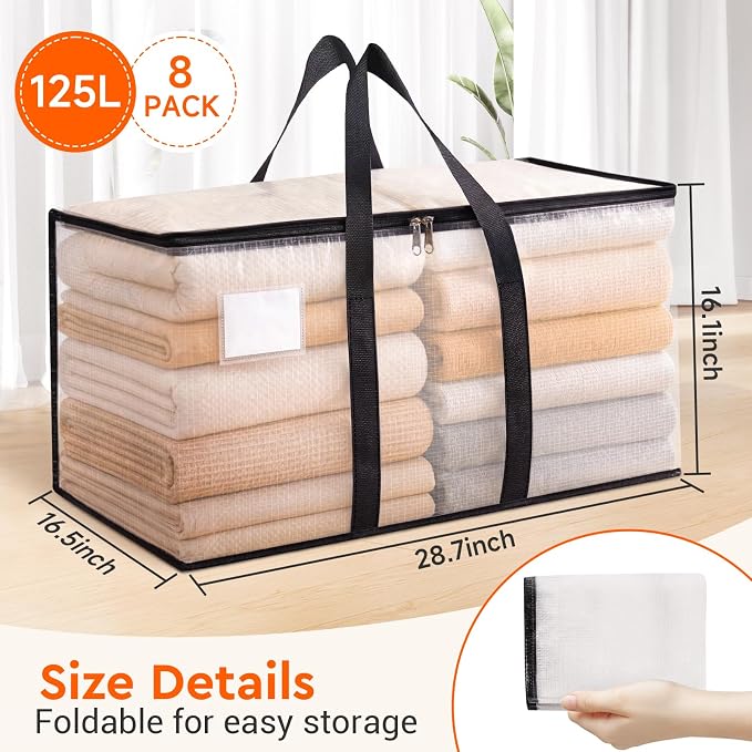 BlissTotes Moving Bags, 125L 8-Pack Storage Bags, Moving Box Heavy Duty Extra Large, Moving Totes with Zipper, Large Packing Bag with Reinforced Handles, Boxes for Packaging Moving