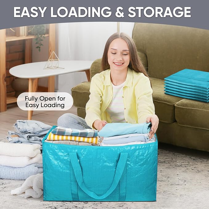 TICONN 2 Pack Extra Large Moving Bags Heavy Duty with Zippers & Carrying Handles, Durable Storage Bags Moving Boxes for Closet Organizers and Storage (2 Pack, Aqua)