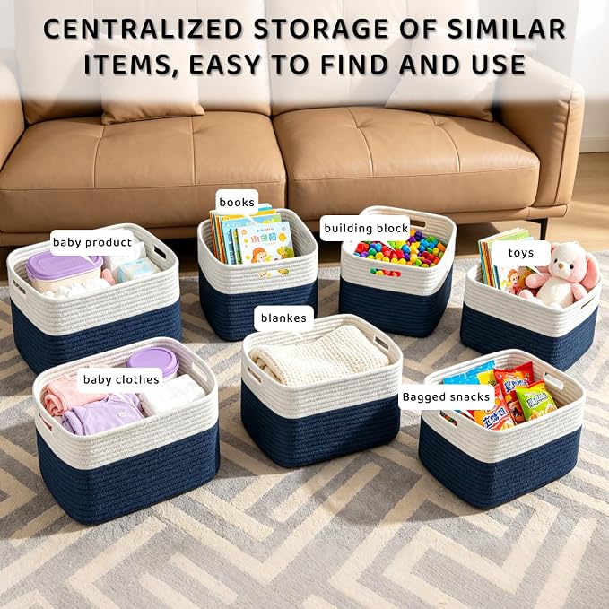 4 Pack Storage Baskets for Organizing, 11''Lx9''Wx8''H Woven Baskets for Storage Toys, Towels, Books, and Clothes, Cotton Rope Basket for Shelves with Handle