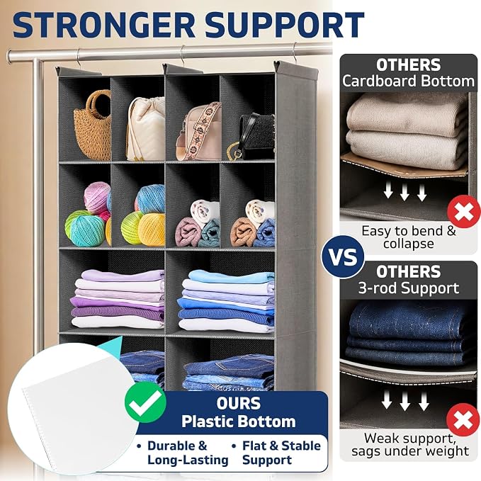 6 Tier Hanging Closet Organizer, 16 Compartments Dual Row Storage, Grey | Closet Organizers and Storage with Large & Small Pockets, 3 Sturdy Hooks Support Heavy Loads, Ideal for Dorm, Garment Rack