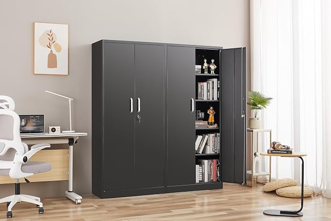 Approgreent Metal Storage Cabinet with Adjustable Shelves, Garage Cabinet with 2 Lockable Doors, Garage Storage Cabinet, Kitchen Pantry Cabinet - 71'H, Black