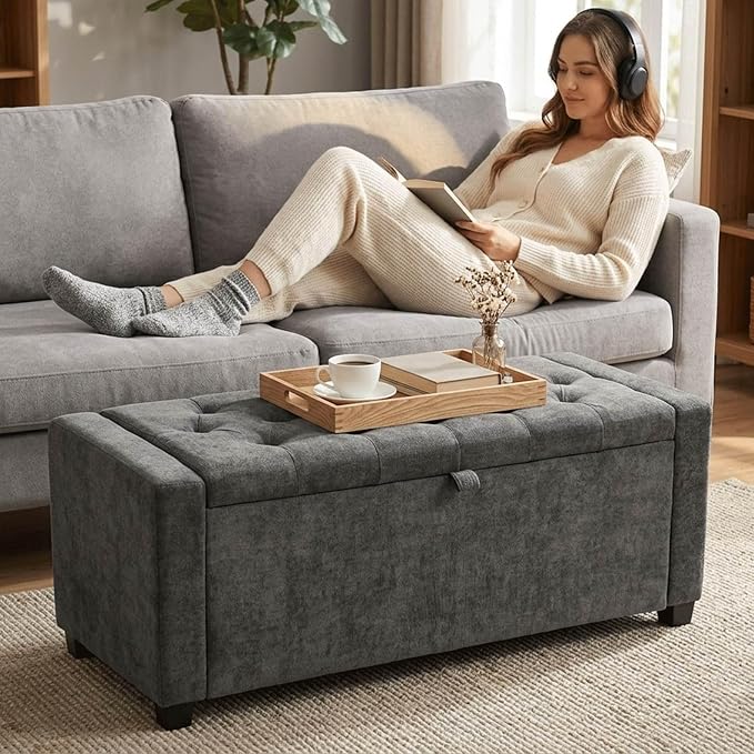 47" White Ottoman Bench, Comfort Bed End Storage Bench for Living Room | Versatile design works as a coffee table or footstool; easy assembly, sturdy structure, and comfortable padded cushion.