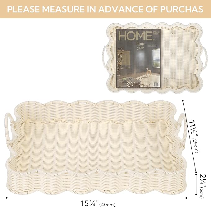 GRANNY SAYS Scalloped Edge Rectangle Serving Tray, Coffee Table Tray, Wicker Serving Trays with Handles, Decorative Tray for Coffee Table, Woven Tray, 15 ¾"×11 ½"×2 ¼", White