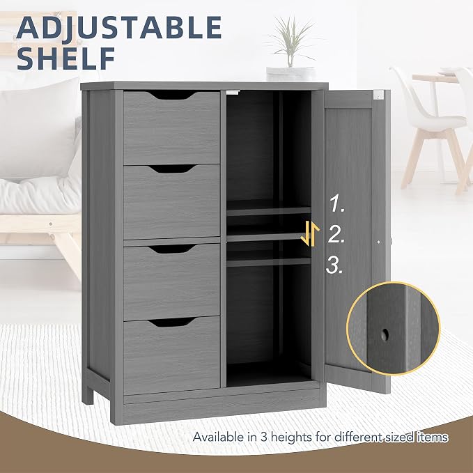 Walsunny Bathroom Floor Storage Cabinet, Wooden Storage Organizer with 4 Drawers and 1 Cupboard, Freestanding Entryway Storage Unit Console Table, Gray
