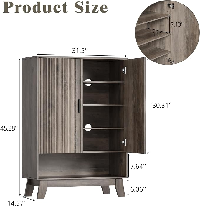 HUANLEGO Shoe Cabinet Storage for Entryway with Doors, Grey | 5 Tier Fluted Shoe Organizer with Adjustable Shelves, Shoe Storage with Wooden Legs, Freestanding Shoe Rack for Entryway