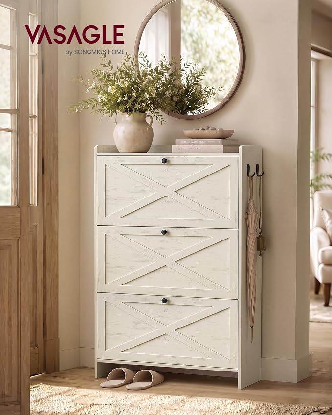 VASAGLE Shoe Storage Cabinet Organizer with 3 Flip Drawers, Freestanding Narrow Shoe Rack Cabinet for Entryway, Farmhouse Style, Fits 14 to 16 Pairs, Cloud Creek Blue UHSC303WJ01