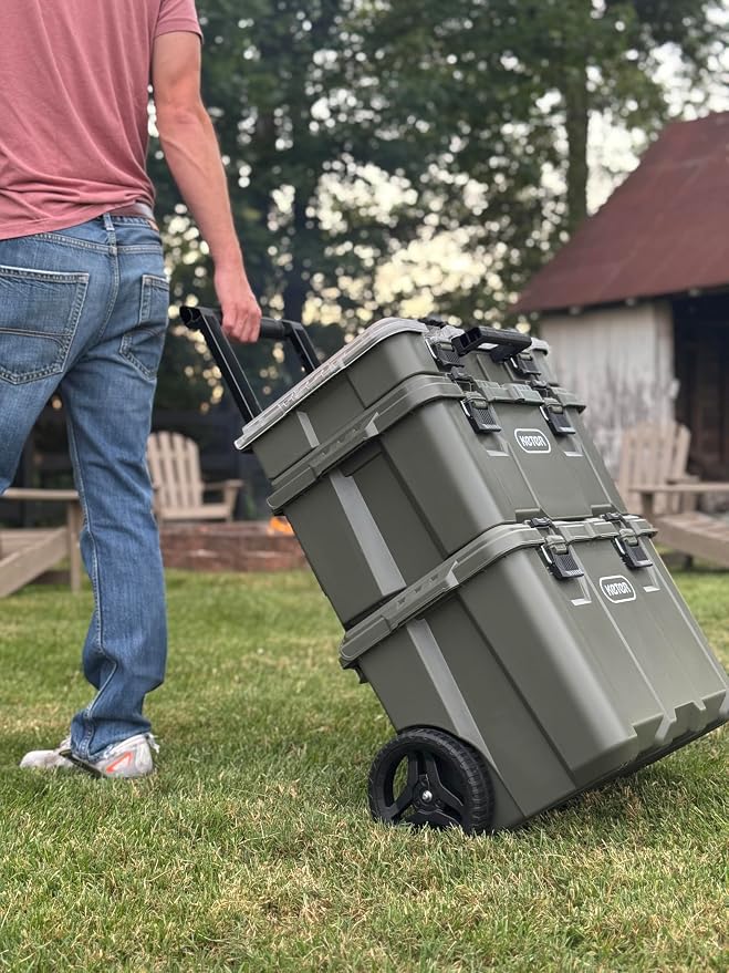 Keter Stack-N-Roll Outdoor Gear Organizer, 3-Piece Rolling Storage System | For Camping, Fishing Tackle, Hunting Equipment & RV Accessories, Modular Waterproof Tool Box with Wheels