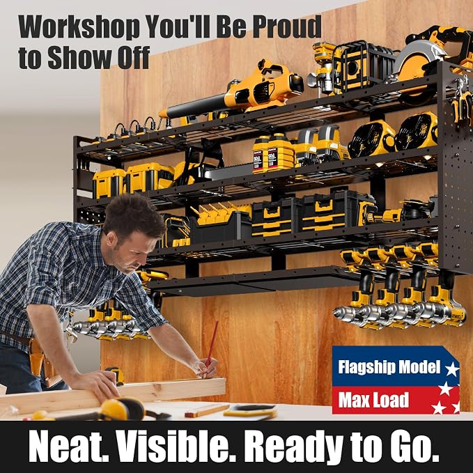 XLarge 64''W Power Tool Organizer Wall Mount | 8-Outlet TR Charging Station | Modular&Corner-Fit 820lbs Garage Storage Rack with 8 Cordless Drill Holder | Shelf for Workshop Organization