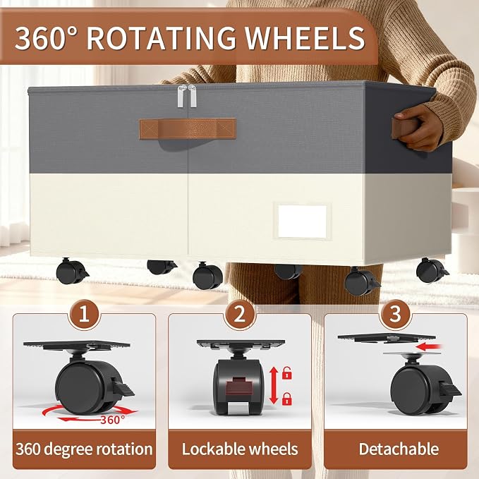 Foyego Shoe Organizer for Closet, with Wheels, Beige and Grey | Fits 24 Pairs, with Adjustable Dividers and Clear Cover, Saving Space Foldable Fabric Closet Shoe Storage Organizer Box Bins