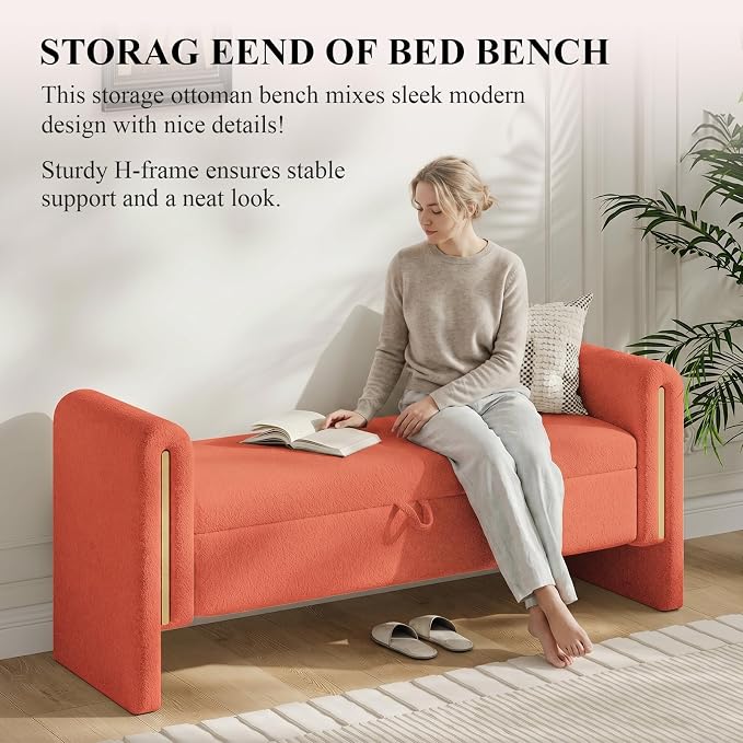 Storage Ottoman Bench, End of Bed Bench with Pull-Ring | 52" Teddy Upholstered, Window Bench with Armrest, Generous Storage, Safety Hinge, Holds 250 LBS, for Bedroom, Orange