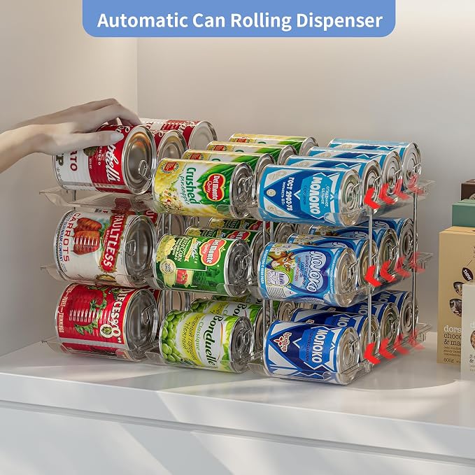 Jsyrjing Can Organizer for Pantry, 3-Tier Stackable Can Dispenser Rack | Automatic Rolling, Modular Flexible Combination, Extra-Thick Clear Material, Cabinet Pantry Fridge Countertop Storage