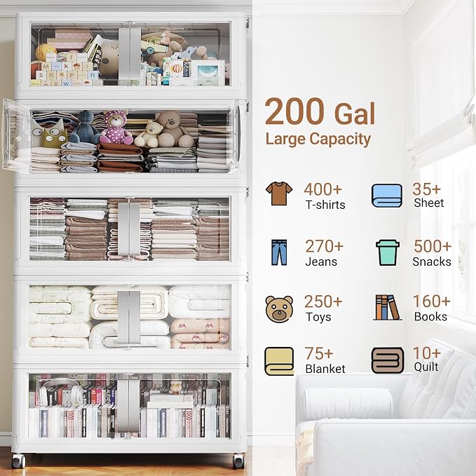 BROVIEW 800Qt Extra Large Stackable Storage Bins with Lids, 200Gal Collapsible Storage Bin with Wheels Clear Door, Folding Plastic Closet Organizers and Storage Drawers for Home Kitchen, 5 Pack White