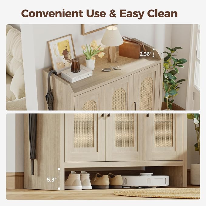 Rattan Shoe Storage Cabinet, Farmhouse Shoe Cabinets Storage for Entryway, Boho Wooden Shoe Rack with 3 Doors for Entryway, Hallway (Oak, 3 Door)