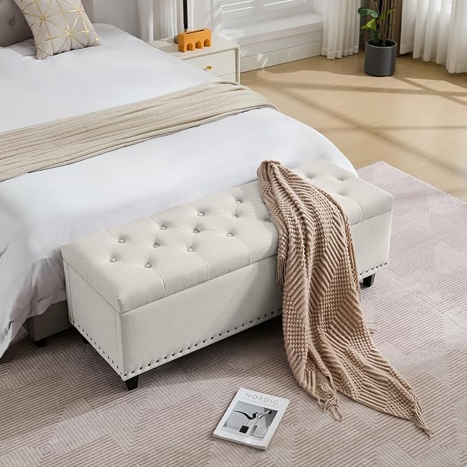 Tbfit Ottoman with Storage, 50.8" Upholstered Button Tufted End of Bed Bench with Safety Hinge & Rivets, Large Entryway Bench, Foot Rest Stool for Bedroom, Living Room (Beige)