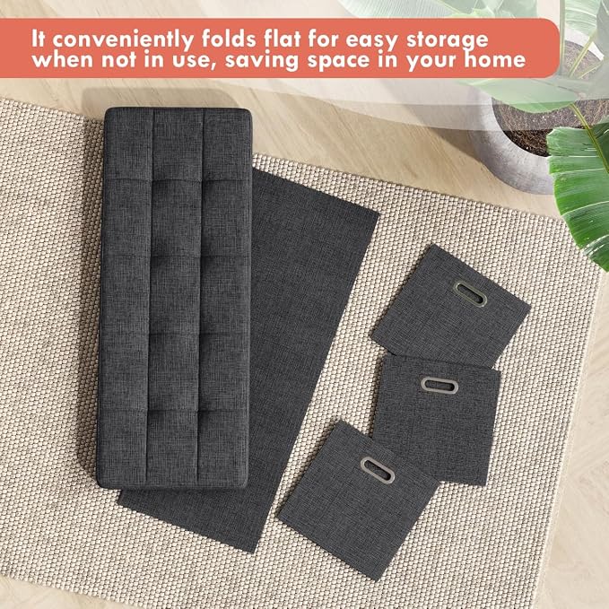 Ornavo Home 40 Inch Storage Ottoman with 3 Drawers, Tufted Linen, Black | Foldable Large Bench Design; Foot Rest Stool Seat; Ideal for Living Room, Bedroom or Entryway