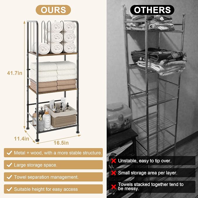 3-Tier Freestanding Towel Racks for Bathroom, Towel Rack Stand | Detachable M-shaped Dividers for Bath Towel Storage Premium Iron & Wood Holder Crafted for Bathroom Organization