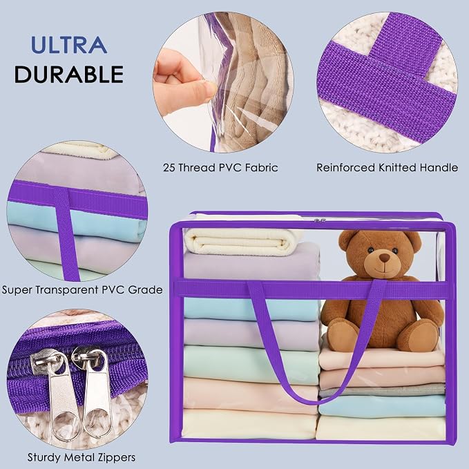 Blanket Storage Bags 4 Pack 60L Clothes Comforter Bedding Container Purple