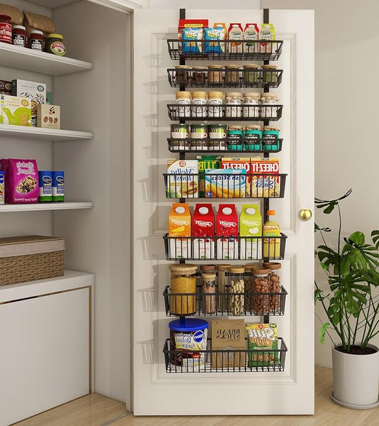 Mefirt 8-Tier Black Over The Door Pantry Organizer, Hanging Shelves | Pantry Hanging Organizers and Storage, Adjustable Heavy-Duty Metal for Home & Kitchen, Back of Door Seasoning Rack