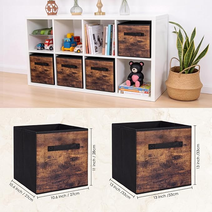 13 Inch Fabric Storage Cubes, 6 Pack Foldable Storage Bins with Handle, Fabric Cube Box for Shelves, Closet, Bedroom, Living Room, Organizer, Rustic Brown and Ink Black