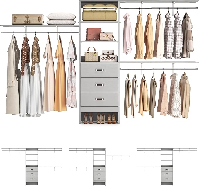 120 Inches Closet System, 10FT Walk In Closet Organizer with 3 Shelving Towers, Heavy Duty Clothes Rack with 3 Drawers, Built-In Garment Rack, 120" L x 16" W x 75" H, Max Load 1300 LBS, Grey